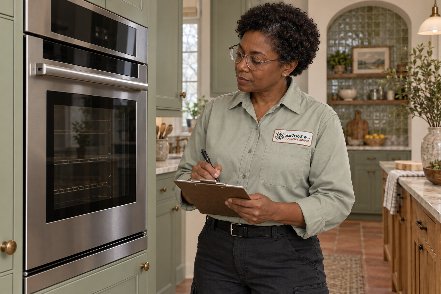 Fictional technician beside a Monogram oven — AI illustration for Sub-Zero Repair Golden’s Bridge