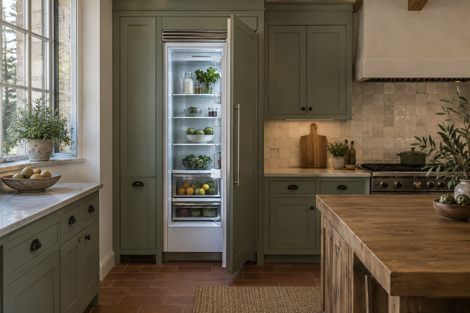 Illustrative Sub-Zero refrigerator in a residential kitchen — AI image for Sub-Zero Repair Golden’s Bridge
