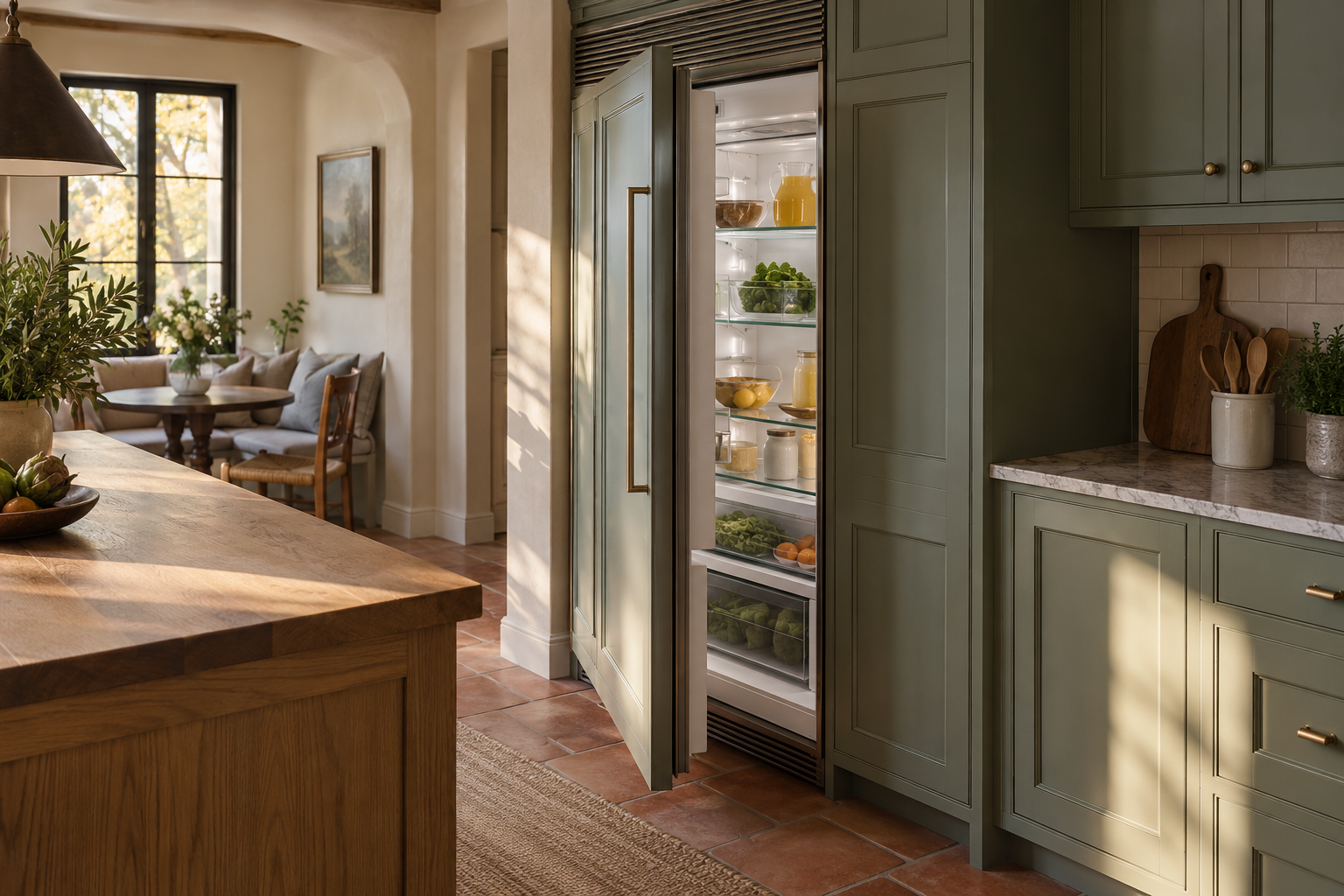 Illustrative Sub-Zero refrigerator in a residential kitchen — AI image for Sub-Zero Repair Golden’s Bridge