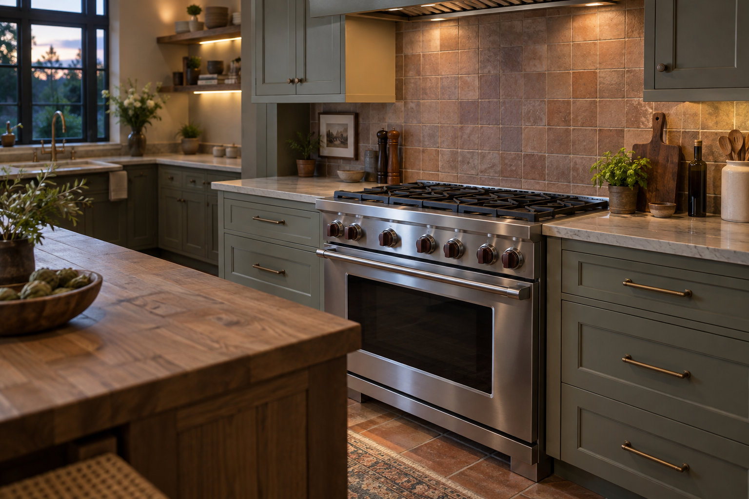 Illustrative Wolf range in a residential kitchen — AI image for Sub-Zero Repair Golden’s Bridge