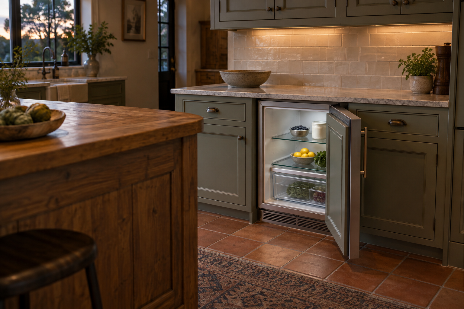 Illustrative Sub-Zero undercounter refrigerator in a residential kitchen — AI image for Sub-Zero Repair Golden’s Bridge