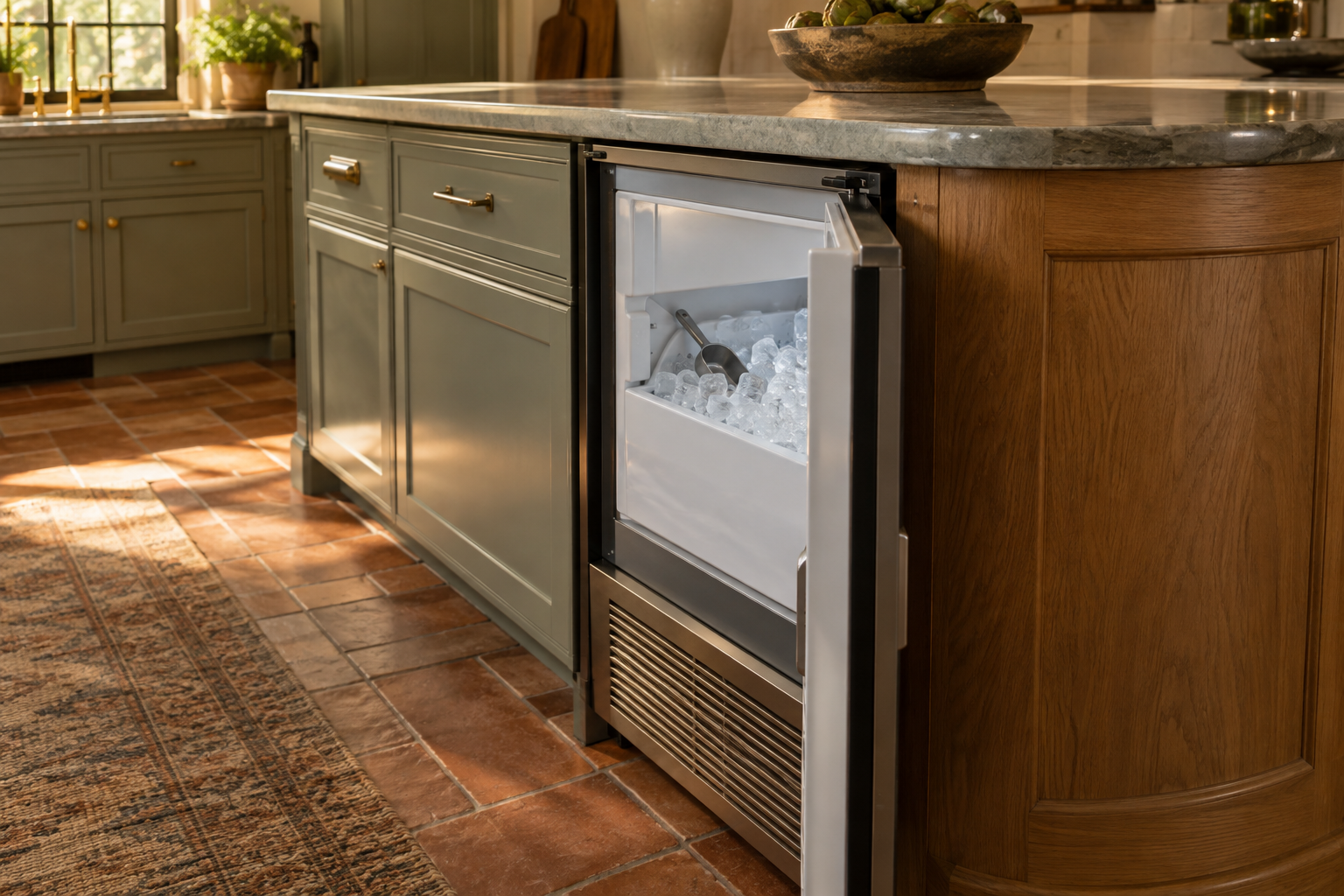 Illustrative Sub-Zero ice maker in a residential kitchen — AI image for Sub-Zero Repair Golden’s Bridge