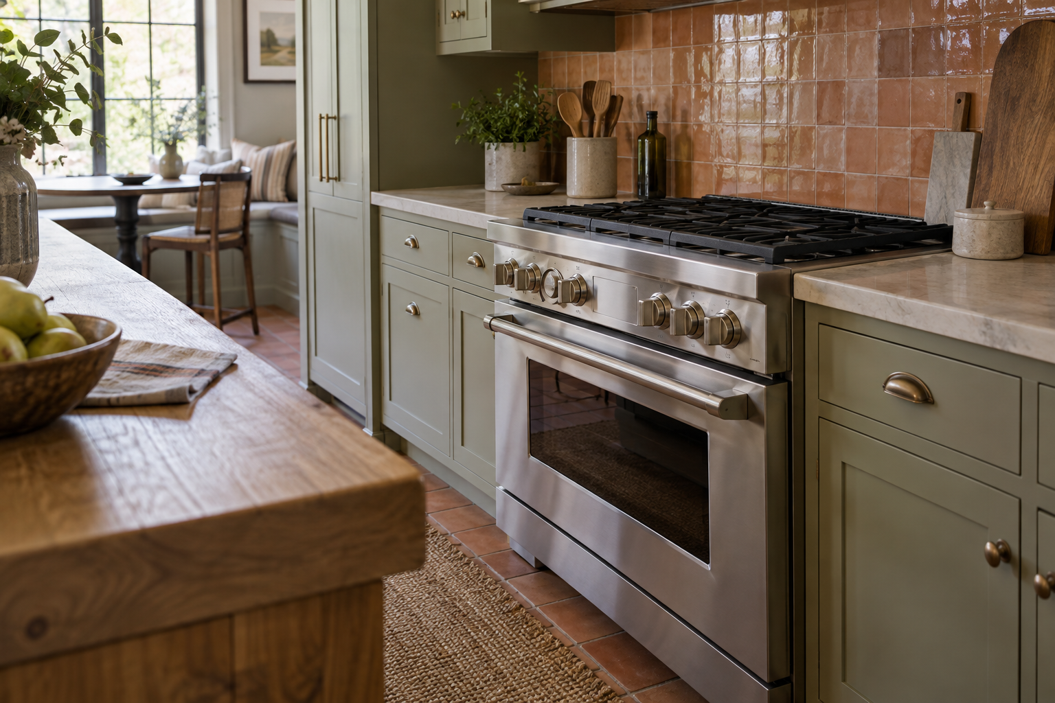 Illustrative Monogram range in a residential kitchen — AI image for Sub-Zero Repair Golden’s Bridge