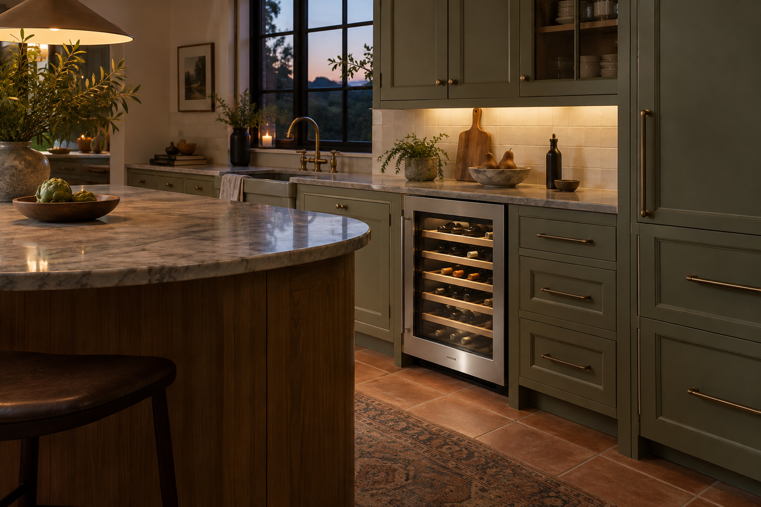 Illustrative Monogram wine cooler in a residential kitchen — AI image for Sub-Zero Repair Golden’s Bridge