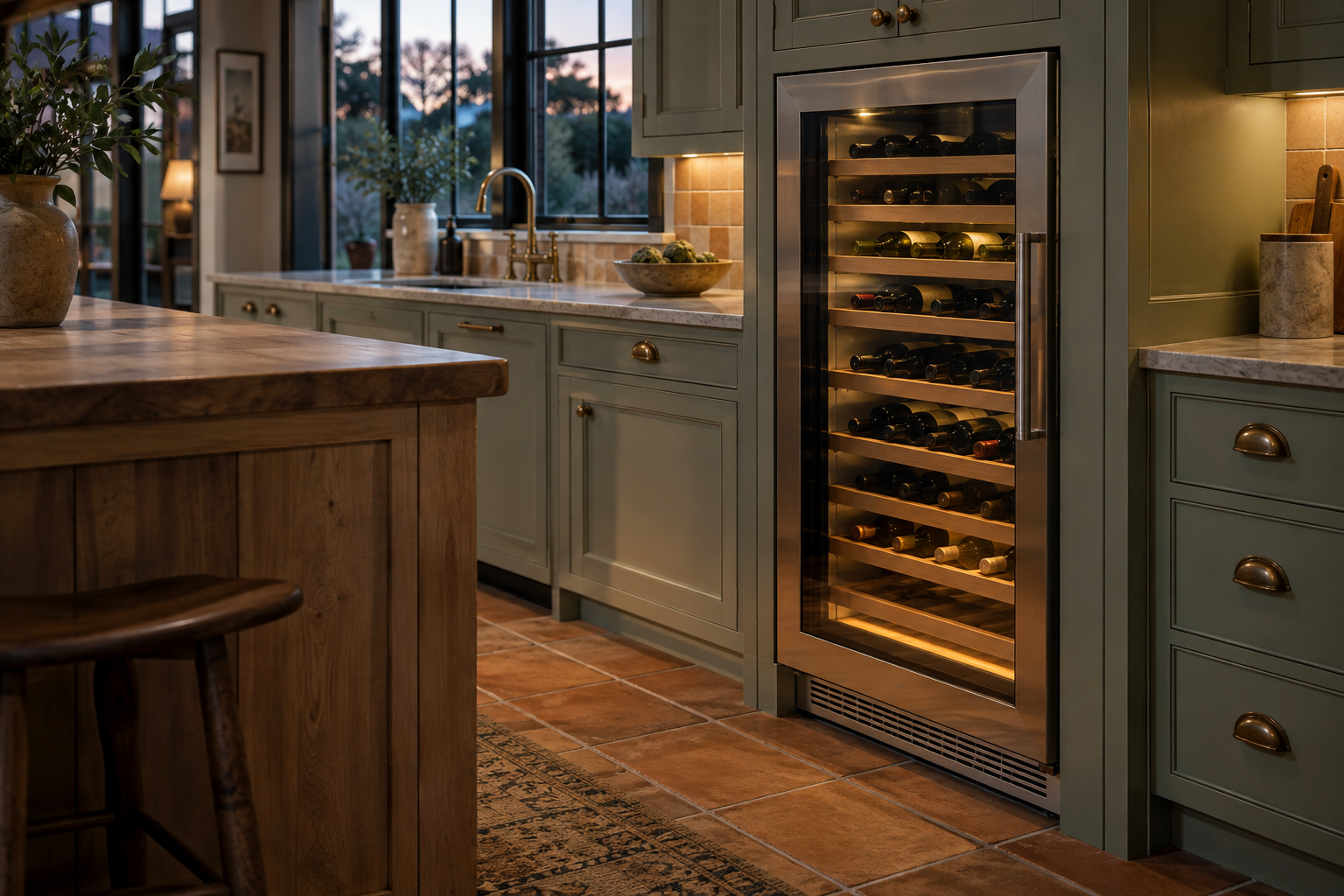 Illustrative Sub-Zero wine cooler in a residential kitchen — AI image for Sub-Zero Repair Golden’s Bridge