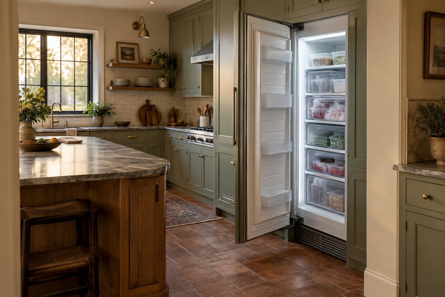 Illustrative Viking freezer in a residential kitchen — AI image for Sub-Zero Repair Golden’s Bridge