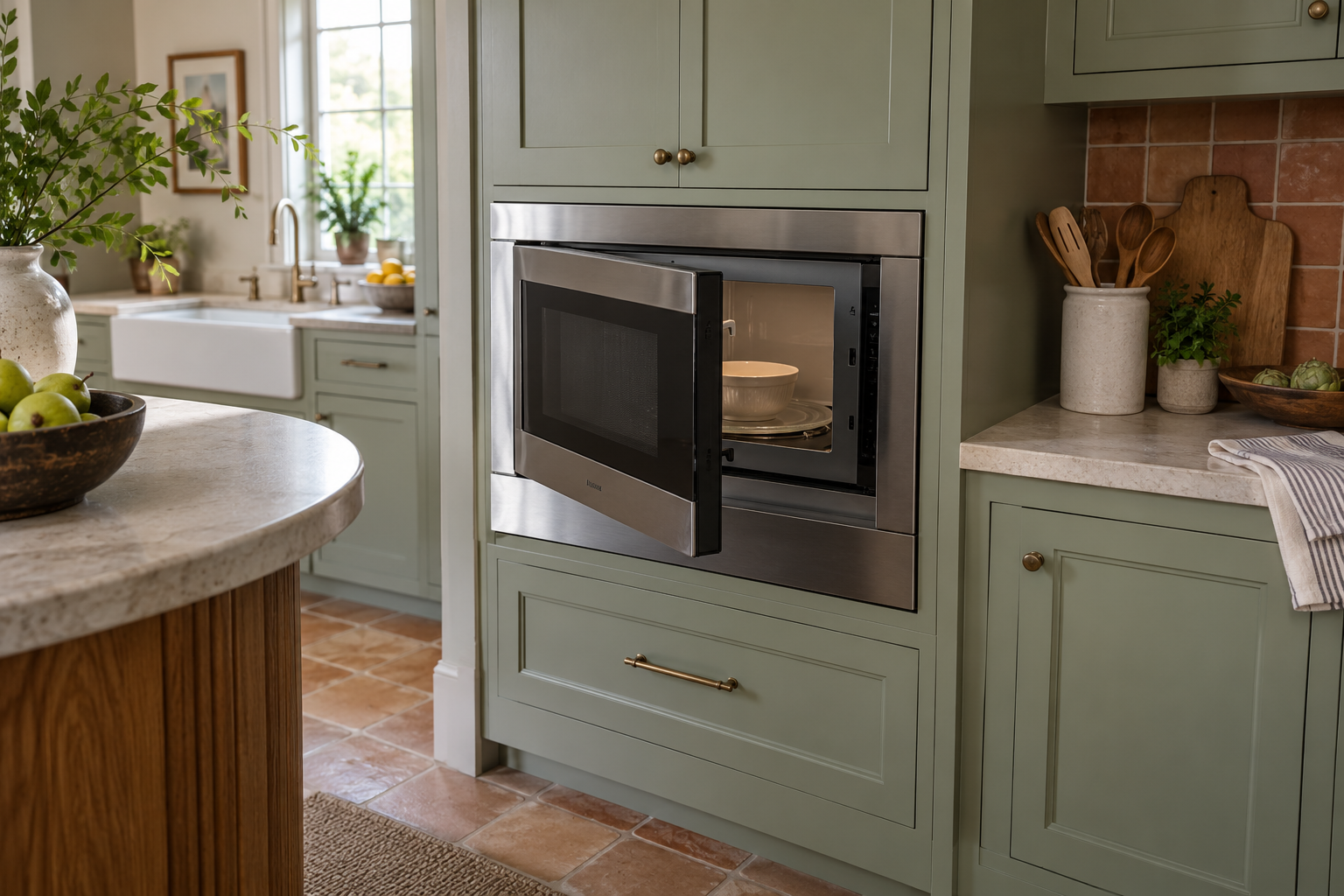 Illustrative Wolf microwave in a residential kitchen — AI image for Sub-Zero Repair Golden’s Bridge